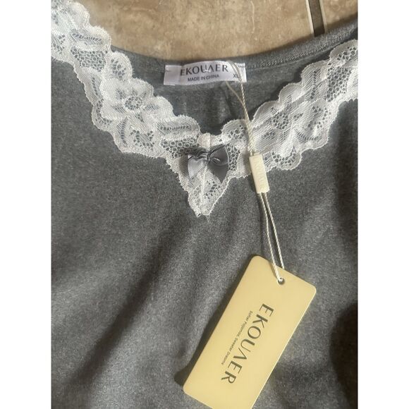 NWT Ekouaer XL Soft Soft Lace Accent Slip Gown Sleepwear Grey - Picture 2 of 5